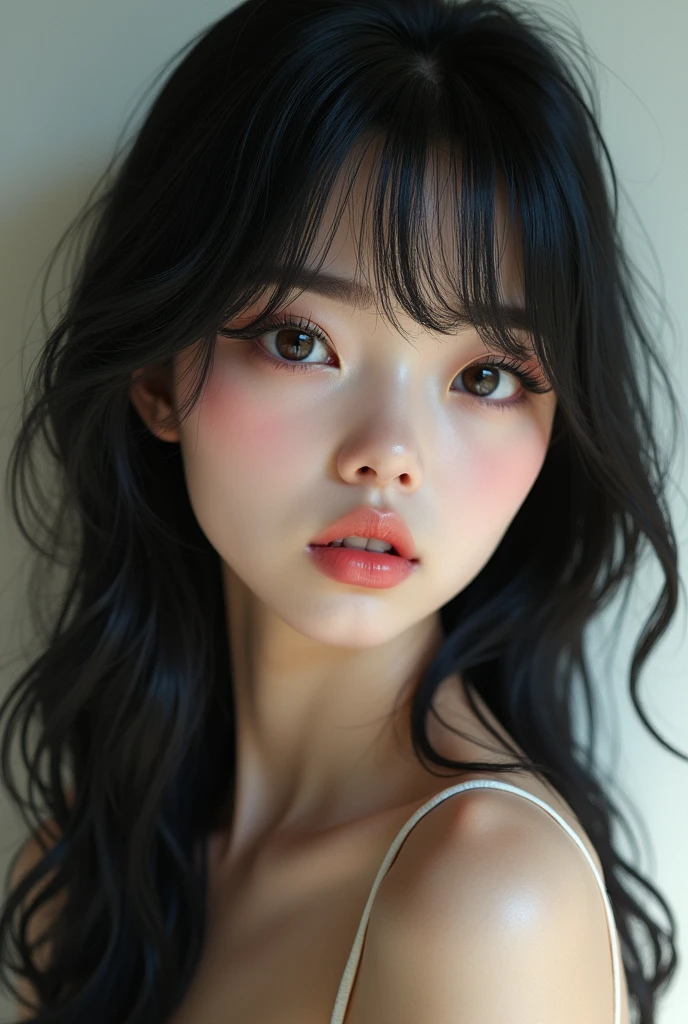 Create a beautiful girl, of white skin and black hair with bangs, with thick and thin eyebrows