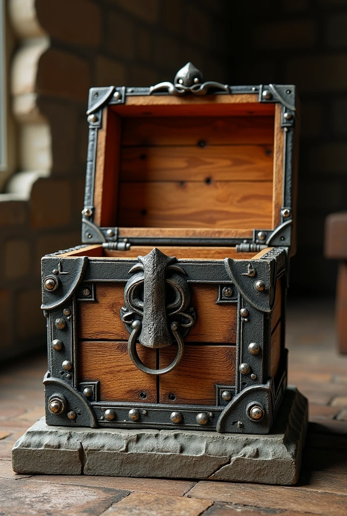 box, Cajon, safe, medieval, draconiano, stone base, high quality, bottomless, Warm lighting, details of used, old, muy old, inside, spent, wood, Oak, metallic details, metal, air, frontal look, head on,