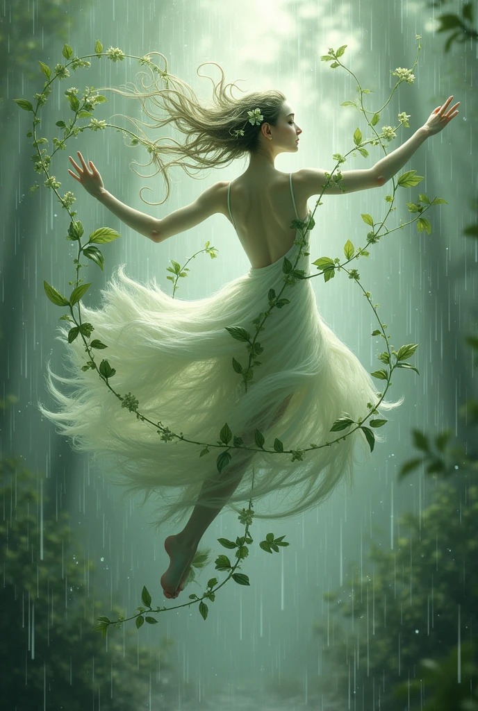 delicate, intricale leat Ve
resembling delicate brushs
as tendrils of foliage swirl around
the figure, blurring the lines
between dancer and environment,
against a backdrop of gentle,
glistening raindrops|