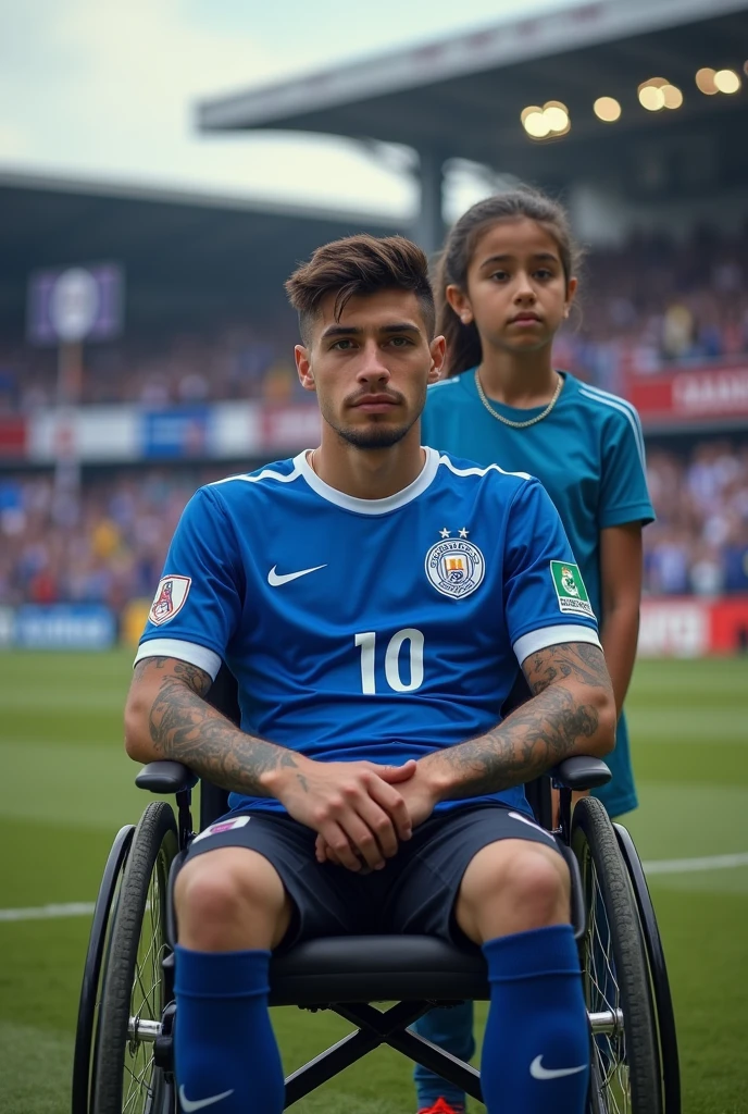 Javier, twenty-five years old, thin body, tattoo on his arms, sitting in a wheelchair, disabled, soccer team fan with blue uniform, in the background a stadium with people holding his name on banners, while he is dressed with all the accessories of a soccer fan, next to him his daughter, Sara, who is , sad look because she knows that her father is going to die

Facing the camera from the front to tell his story, short hair, enlarged image, clear setting, no animation