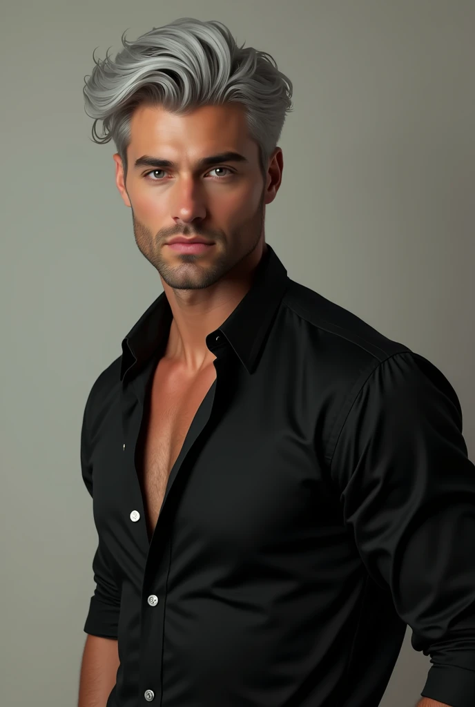 (best quality), 1boy, mature man, tanned skin, silver hair, medium hair, hair loosely combed back, brown eyes, perfect eyes, muscular, handsome, cold expression, long sleeved shirt, jeans, clean shaven face, masterpiece, anatomically correct, highres