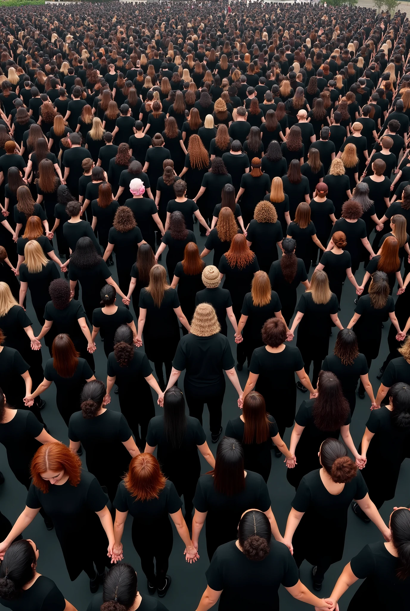 200 women standing by each other, holdinh hands. top camera angle looking down to the 200 women. all wearing black t-shirt