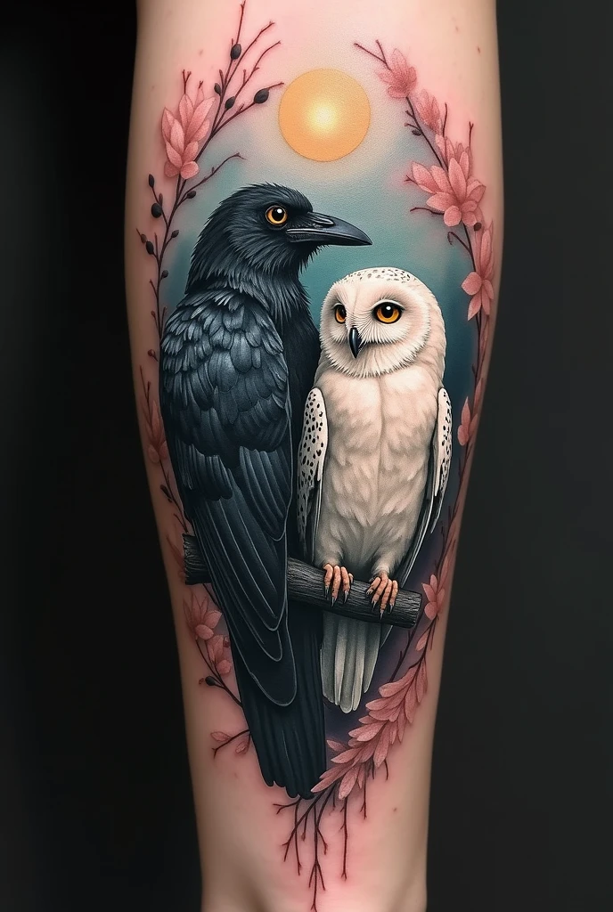 Generate a tattoo on your forearm where there is a crow and a white owl in which they are both planning 