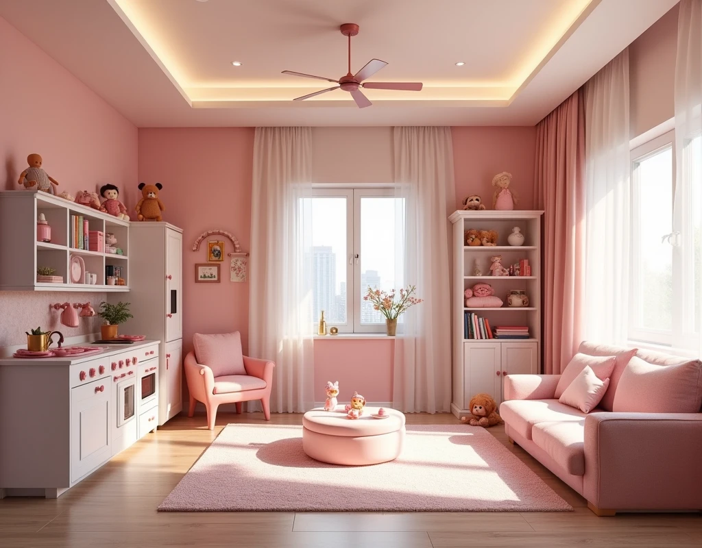 A modern apartment. Daughter play room design. Wide room. There is a kitchen play set. There is a children book shelf. There is a couch. There are many toys. There are dolls. Interior design. Modern cute pastel interior. Ballet themed room. Great lighting.