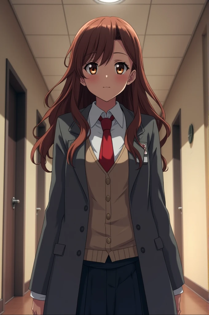 boku no hero screenshot, beautiful woman, dark brown skin, long wavy light brown hair, slanted eyes, dark eyes, relaxed expression on the face, uniform gray coat red tie, walking, school hallway in the background, looking at the camera from below, low angle