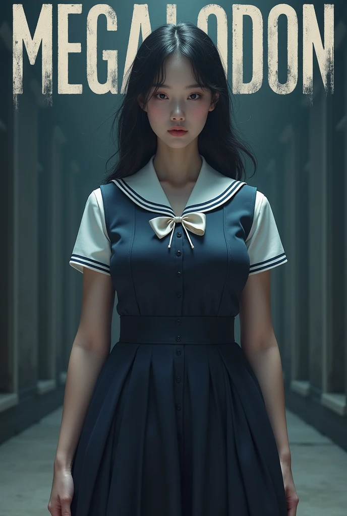 Beautiful girl in school dress very large chest size, very fair or white , background letter "MEGALODON"