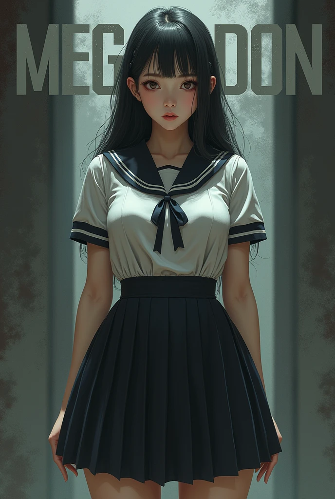 Beautiful girl in school dress very large chest size, very fair or white , background letter "MEGALODON"