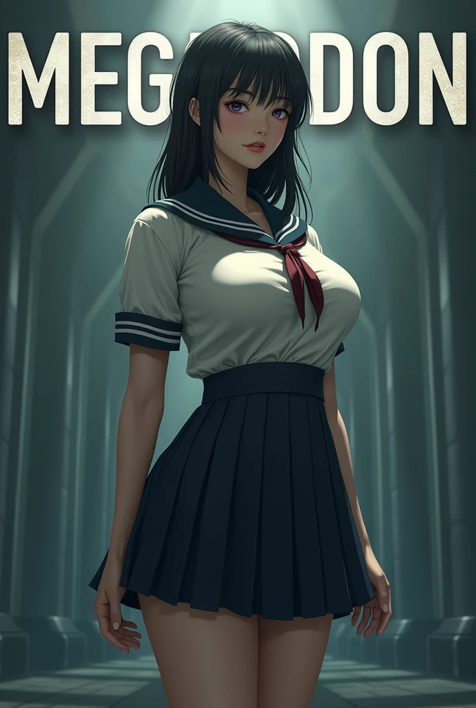 Beautiful girl in school dress very large chest size, very fair or white , background letter "MEGALODON"