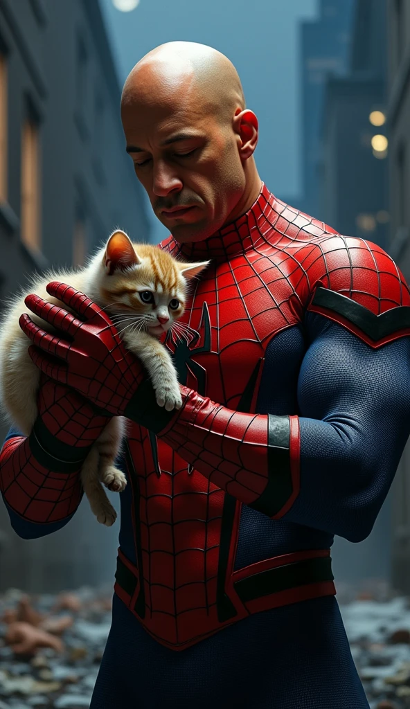 Vin Diesel as spiderman holding a kitty without the mask