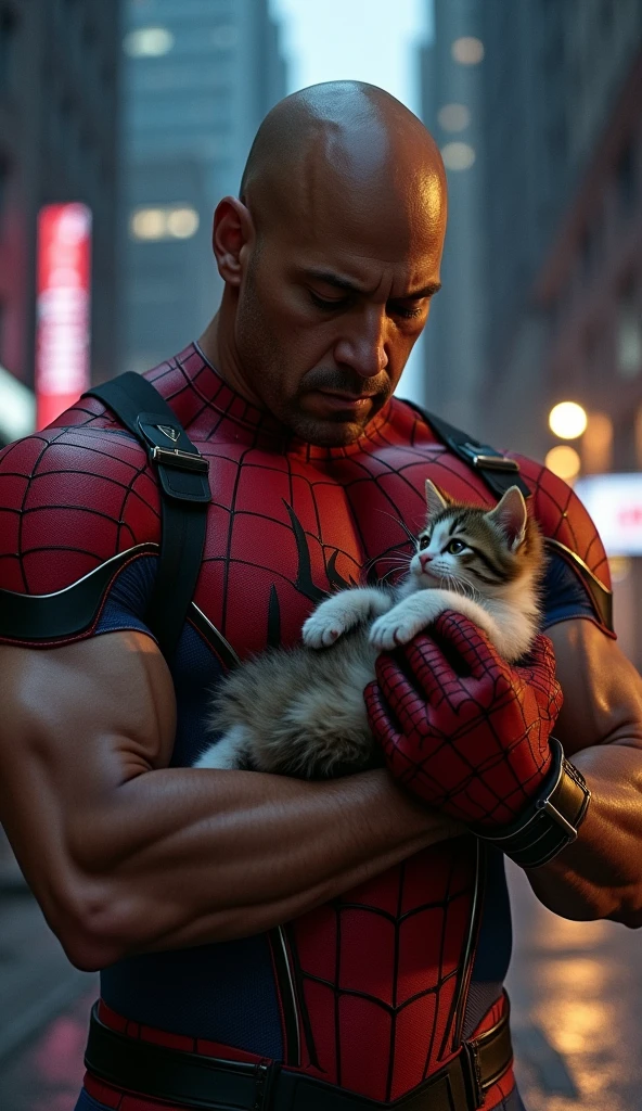 Vin Diesel as spiderman holding a kitty without the mask