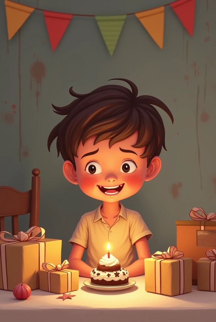 Cartoon of poor boy with brown hair thankful for his gifts at his birthday party