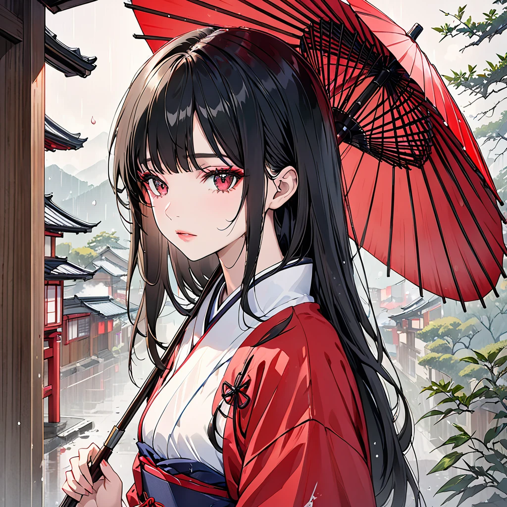 The background is Kyoto on a rainy day，(Highest quality,Very detailed,High resolution:1.2),beautiful girl，Long black hair,Black hair bangs，very_Long eyelashes, Detailed lips, Cool look, Soft Skin, Shiny Hair,Exquisite makeup,A sad and poignant piece,Holding a red Japanese umbrella.