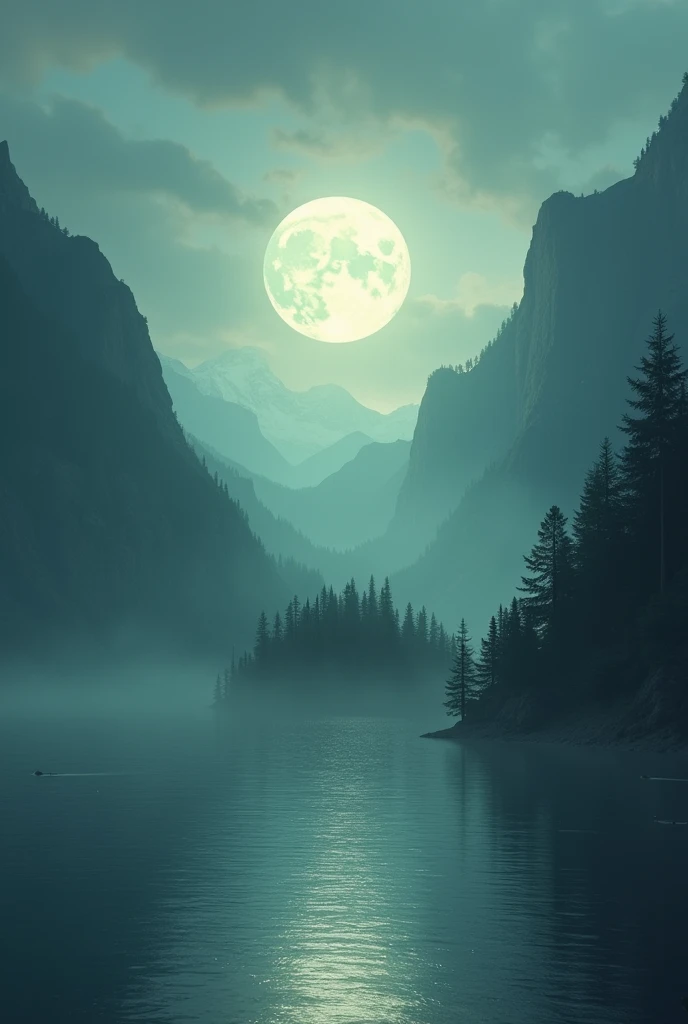 moon between two mountain full of tree at the middle of the sea