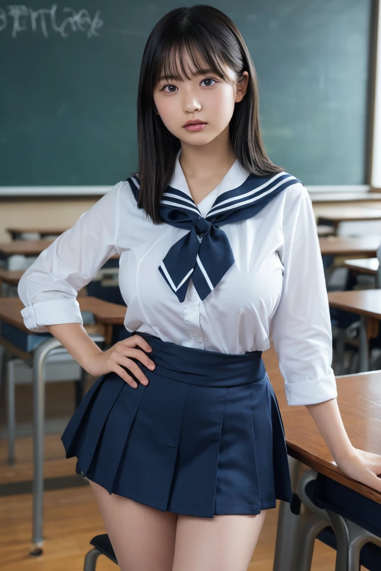 sailor,(175cm tall,tall stature:1.2),(narrow waist,tight wear,Clothes accentuate the shape of the breasts:1.5),bursting breast,Browsing Caution,Highest quality,Ultra-high resolution,1 person,whole body,Black hair, cool expression,Looking into the camera,Beautiful and elaborate face,Fine and beautiful skin,Skin Texture,high school student,uniform, tie,Checked mini skirt,Classroom after school,Standing pose