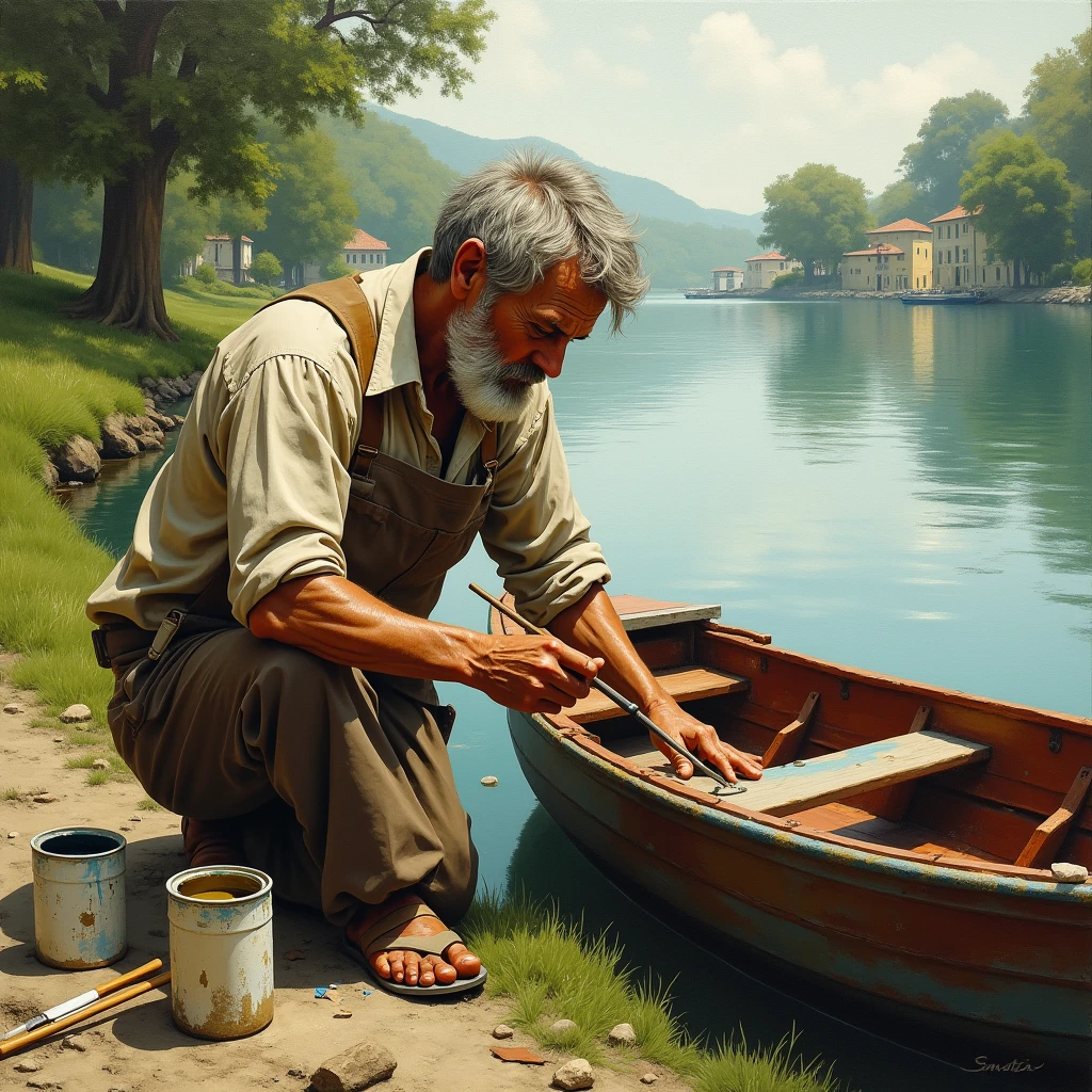 Create image a middle age boat painter near the rever