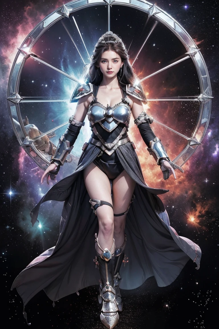 (alone) inconceivable and spectacular an emergency scene of a cloud figure Sophie Turner in a Cosmic cloud, フラクタルnebula連鎖, Cosmic, null, Cosmic, A living presence, whirlwind, spinning, unrealistic, High Contrast, Symbolism, magic, mystery的な, mystery, Surreal, Supersaturation, colorful, 8k、Black Hair、(((A goddess of war in mirror-like silver armor)))、((((Mirror Armor))))、Mirror Boots、Reflects all laser beams、nebula、Star-Smashing Power、High pass filter、Reflects energy in all directions