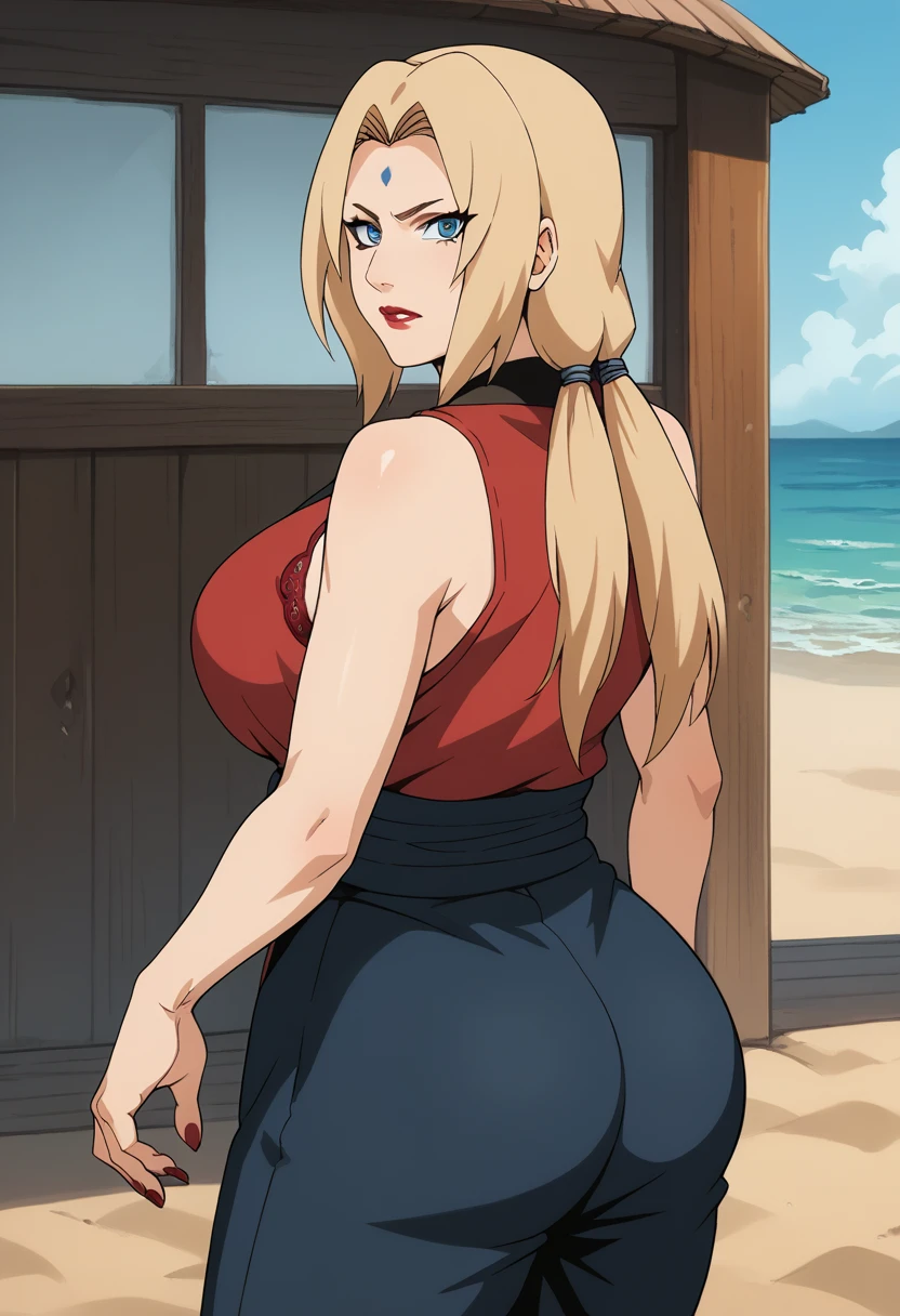 score_9, score_8_up, score_7_up, BREAK, score_9, ChopioTsunade,blonde hair, long hair, low twintails, hair tie, blue  eyes, forehead mark, red lipstick, mature female, large breasts, red nails, outfit jacket red  bra blue , sleeveless , collarbone, black obi, blue leggins  pants, solo, 1girl, looking at viewer, cowboy shot,  large ass, from behind, beach