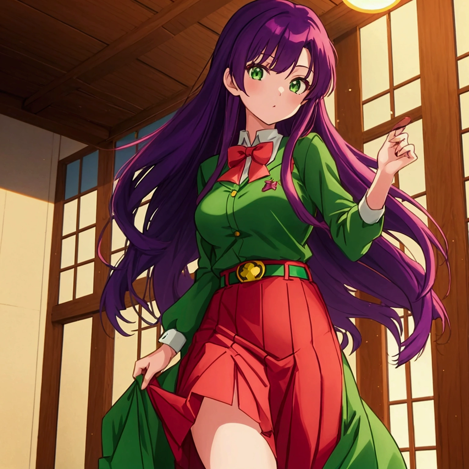 1girl, half body portrait, anime girl with long purple hair and a green dress, misato katsuragi, anime visual of a young woman, anime visual of a cute girl, Red belt, Green skirt, long skirt, standing