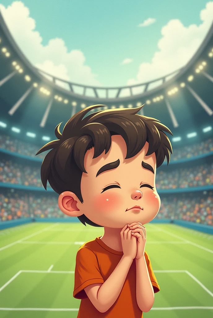 Cartoon of a boy closing his eyes thinking of a football stadium