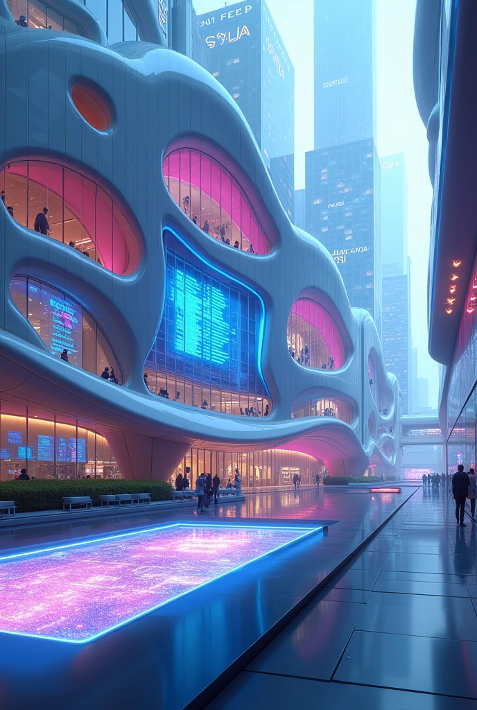 Futuristic Building Fourth dimensional building Blue and pink glass
low Complex Museum 粒子computer
SF 丸と四角 Transparent tablet advertising in front of a building Letters made of blue light in space computer Metropolis