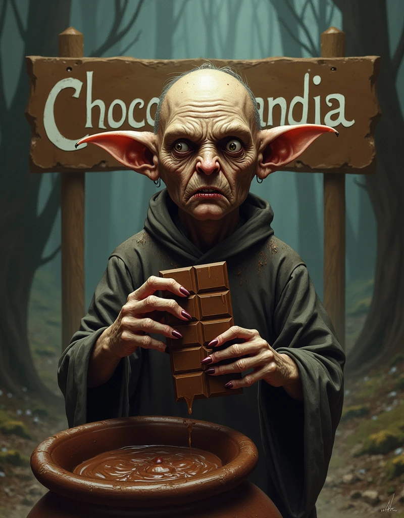 Terrifying elf with a chocolate bar and a pot with chocolate in the pot instead of gold and a sign behind it that says chocolandia