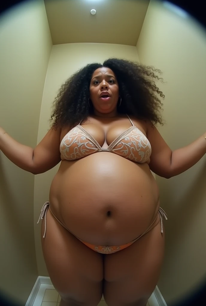 Pov fisheye camera view when fat mother cardi B plus size is 9 months 39 weeks pregnant facial expression when defecating in the toilet with a big belly and wearing a bikini bra. HD, cinematic, 25k, ultra detail, extra-high shapering, masterpiece