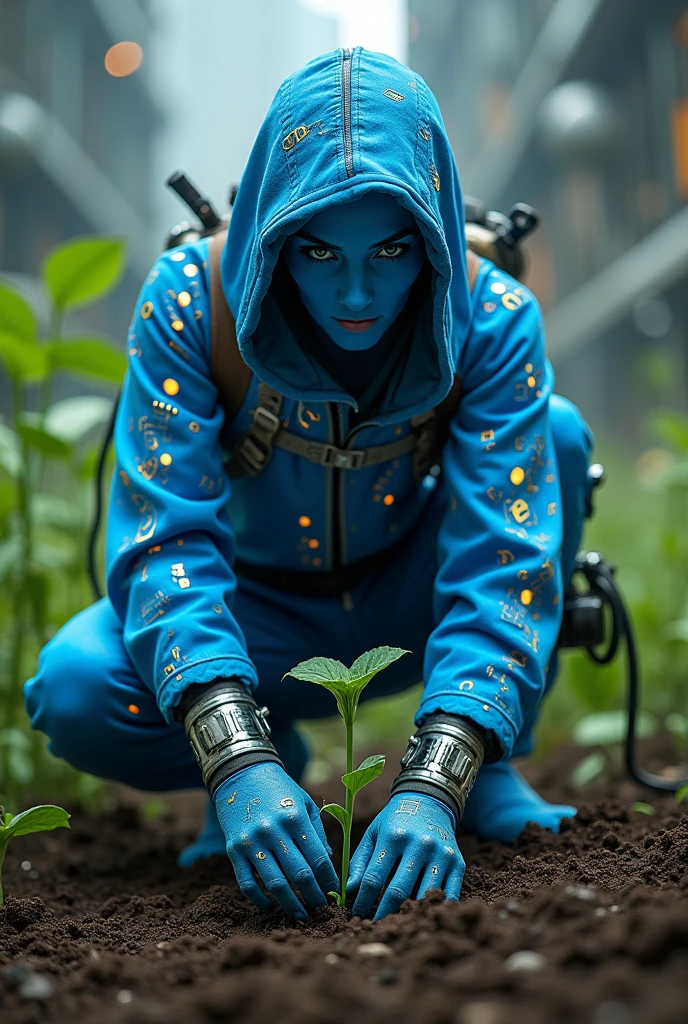 blue skin, engineer, clothes with symbols letters and numbers, planting a seed