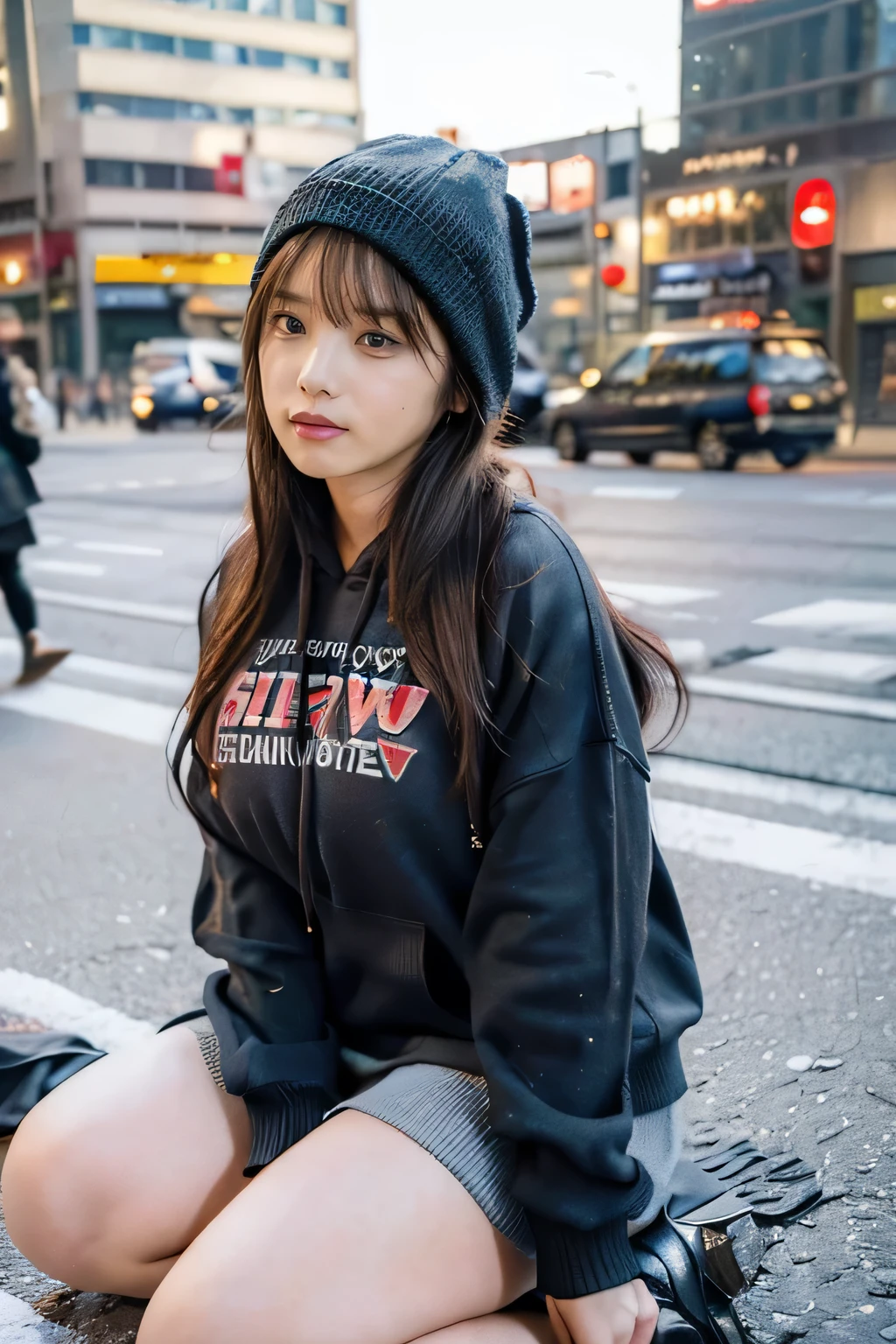 (8k、RAW Photos、Highest quality、masterpiece:1.3)、(Realistic、Realistic)、(Very large breasts:1.2)、Perfect limbs、Outdoor、(Shibuya cityscape:1.4)、night、Mid-winter clothing、Knitted hat、stylish、Clothes for the city、(hoodie:1.3)