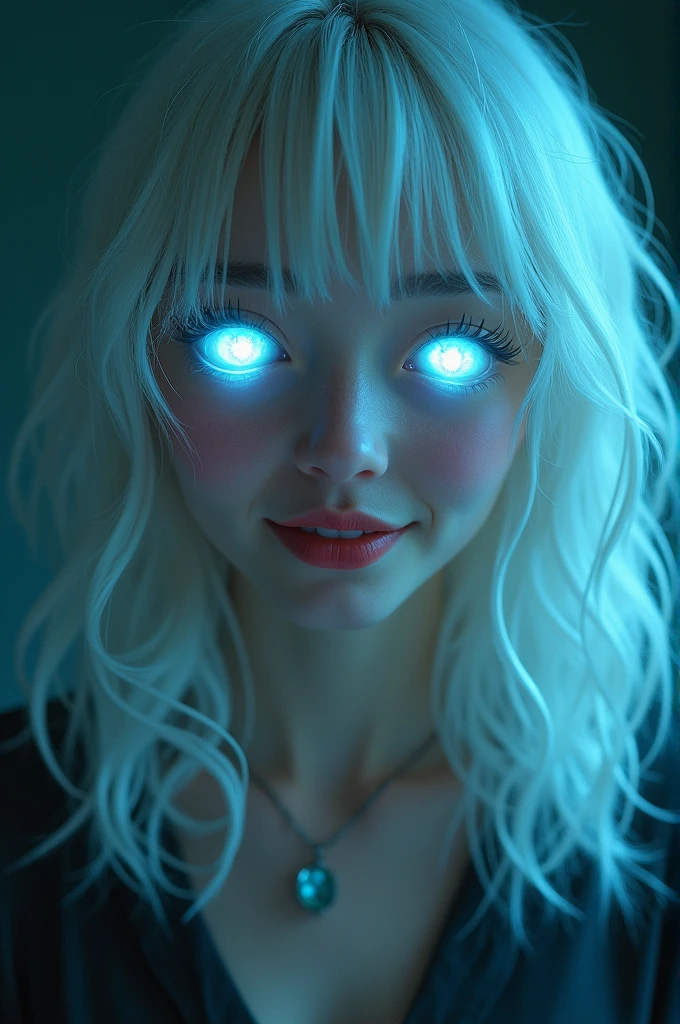 1girl, white hair, wide smile, hypnotized, grgr-eye2, brainwashed, hypnosis, blank eyes, relaxed, glowing eyes