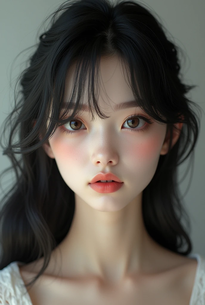 Create a beautiful girl, of white skin and black hair with bangs, with thick and thin eyebrows
