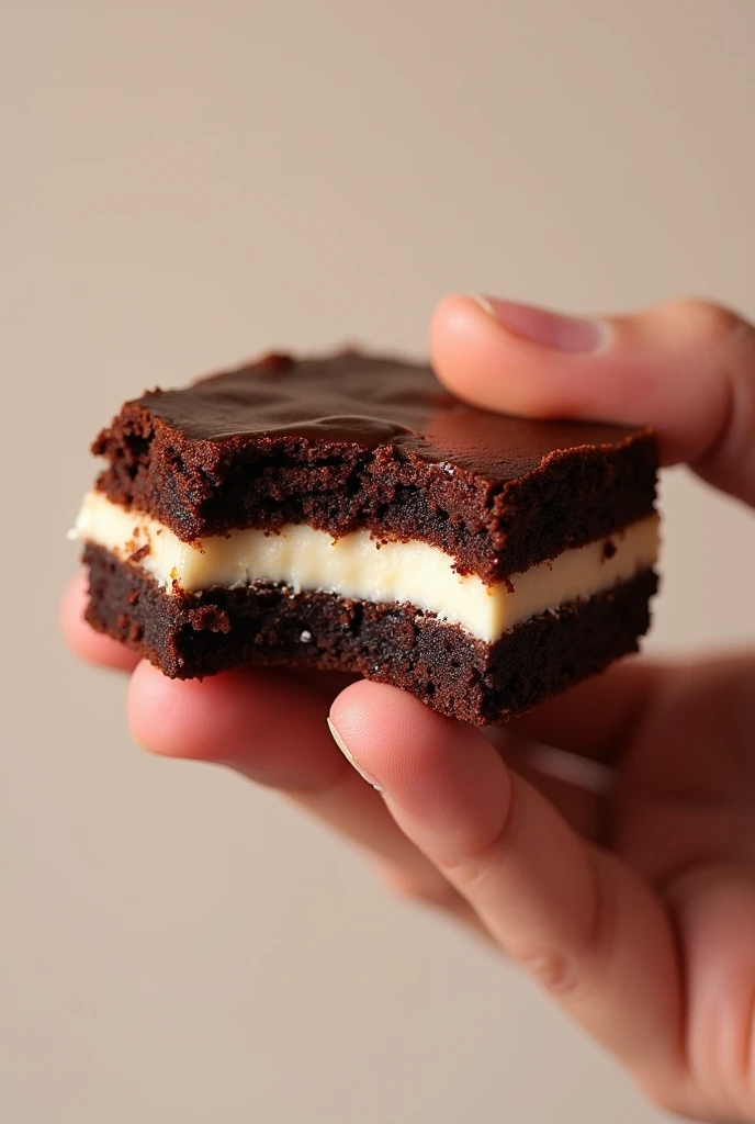 A chocolate brownie with a crispy crust, shiny with a creamy and light cream in the middle of the brownie as if it were in the shape of a sandwich. In the 360 degree view being held with one hand and containing a small bite further emphasizing the cream in the middle being a thinner layer of the brownie and filling, crispy and shiny top crust