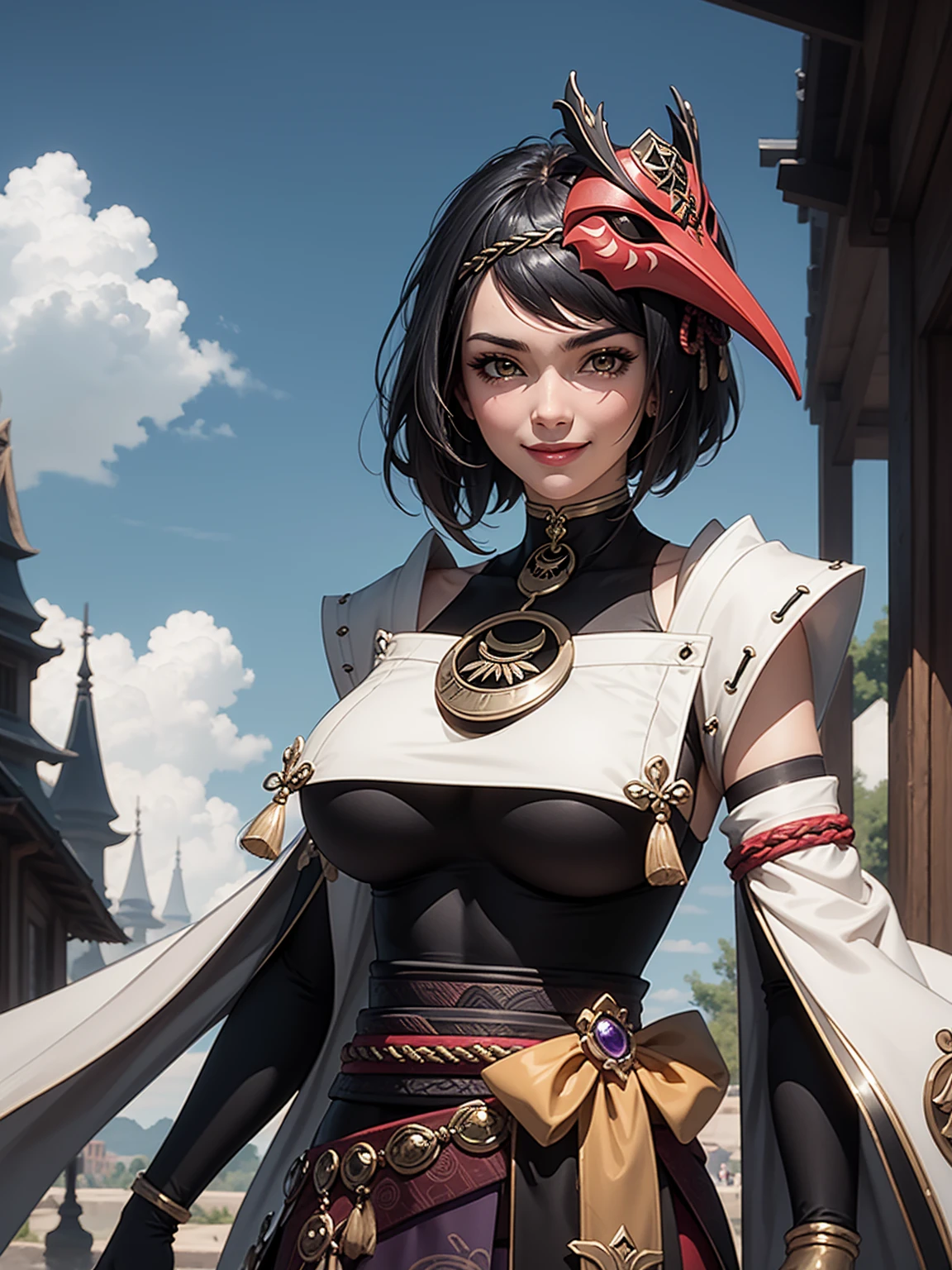 Masterpiece, high quality, 8k, ultra detailed, detailed face, huge breast, standing, detail face, standing, fantasy, smile, official art, kujousaradef