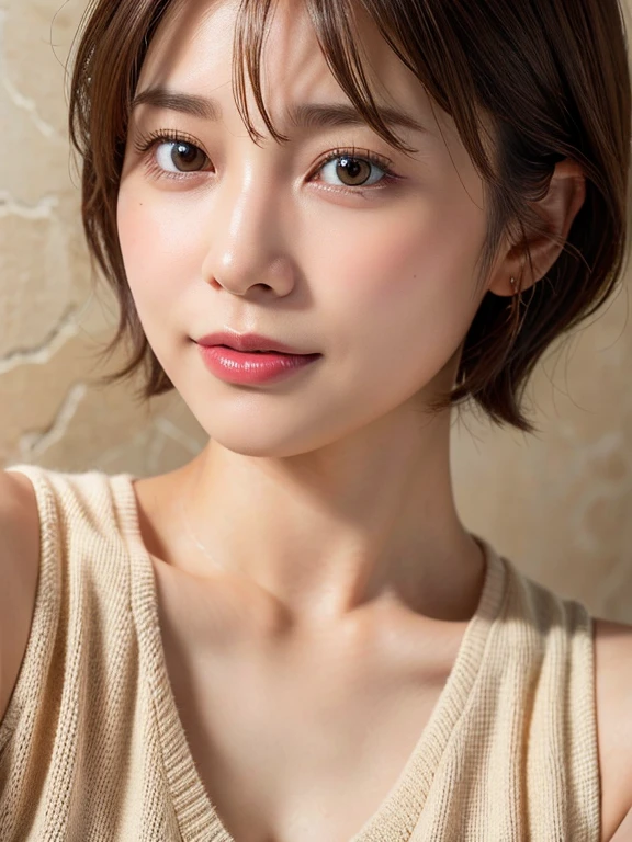 Highly detailed face and skin texture、
Fine grain、
Photorealistic rendering、
Subsurface scattering、
High-resolution facial features、
Micro skin details、
Natural skin tones、
Soft shadows and highlights、　　　　　　　　　　with fine lines and delicate edges、
(Ultra-realistic), (shape), (High resolution), (8k), (High resolution), (Best shape), (Beautiful details), (Highest quality), (Very detailed), (masterpiece), (wallpaper), (Detailed face),Sweaty,Close-up on chest,short hair,Plus Size、Sleeveless sweater only, Japanese, Underbust, (Camel Toe)
