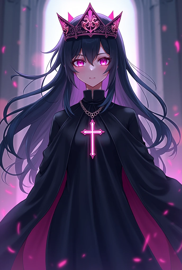 Young man in dark robe, priest, cross necklace, long black hair and pink eyes with a crown on her head in anime style