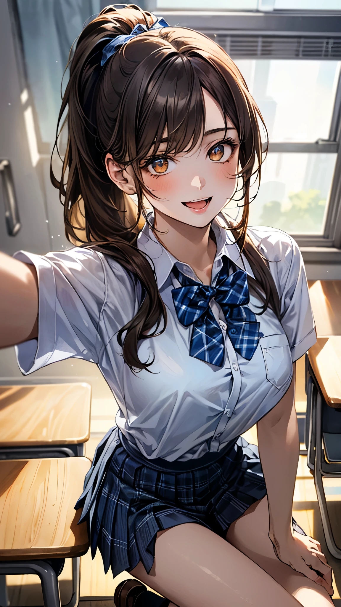 (masterpiece:1.3, top-quality, ultra high res, ultra detailed), (realistic, photorealistic:1.3), beautiful illustration, perfect lighting, natural lighting, colorful, depth of fields, surrealism,
beautiful detailed hair, beautiful detailed face, beautiful detailed eyes, beautiful clavicle, beautiful body, beautiful chest, beautiful thigh, beautiful legs, beautiful fingers, shiny skin, babyface,
looking at viewer, selfie, 1 girl, high school girl, (perfect anatomy, anatomically correct, super detailed skin), cute and symmetrical face, perfect face, perfect eyes,
(long hair, ponytail, wavy hair, chestnut hair), asymmetrical bangs, gold eyes, big eyes, drooping eyes, long eyelashes, (large breasts:1.5, seductive thighs), glamorous, outstanding style,
(detailed cloth texture, break light blue collared shirt, break light grey plaid pleated skirt, break navy blue plaid bow tie), navy socks, black loafer,
(beautiful scenery), evening, (school classroom:1.2), (pose with movement), (lovely smile, open mouth),