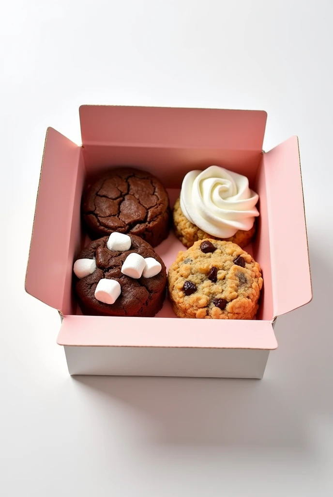 Image depicts a rectangular, open pink and white cardboard box containing four cookies arranged in a single row. The cookies vary in type and appearance. From left to right: the first cookie is chocolate with white marshmallow pieces on top, the second cookie is a sugar cookie with a swirl of white frosting, the third cookie is a chocolate chip cookie, and the fourth cookie appears to be an oatmeal raisin cookie. The box is placed on a plain white surface, and the overall presentation is neat and appetizing.