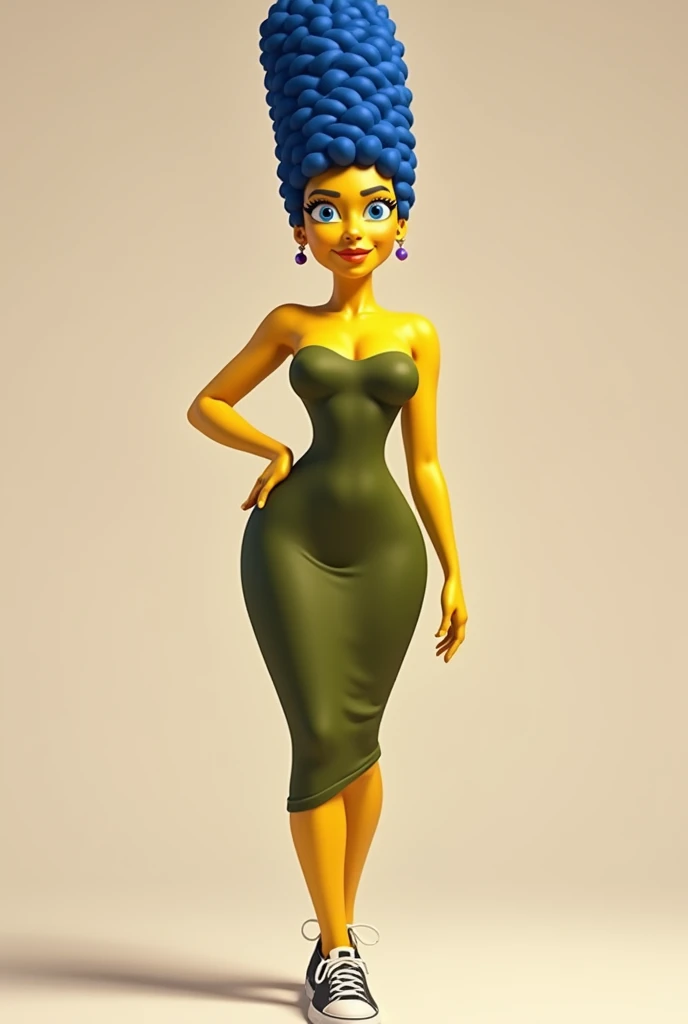 Marge simpson perfect slim body, olive green fitted dress with short heeled sneakers, Whole body, sexual traits smile closed mouth cartoon