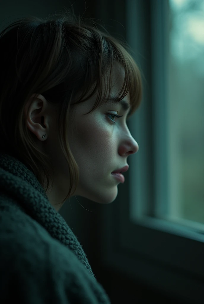 A evocative gritty, high-contrast cinematic keyframe with a shallow depth of field, featuring a blurred background and a heartbreak subject in focus, evoking a sense of sad intimacy and soulful drama. Inspired by the works of Maciej Kuciara, Jama Jurabaev, and Wojtek Fus, this image blends the richness of cinematic color grading with the timeless charm of film photography. The color palette is a mix of deep, muted tones with bursts of vibrant colors, reminiscent of Kodak Porta 400 and Cinestill 800 film stocks. The lighting is moody and cinematic, with subtle vignette and bokeh effects that draw the viewer's attention to the subject. The overall aesthetic is filmic, with a grainy texture that adds to the image's emotional depth. The composition is carefully balanced, with negative space used effectively to create a sense of tension and introspective  atmosphere.