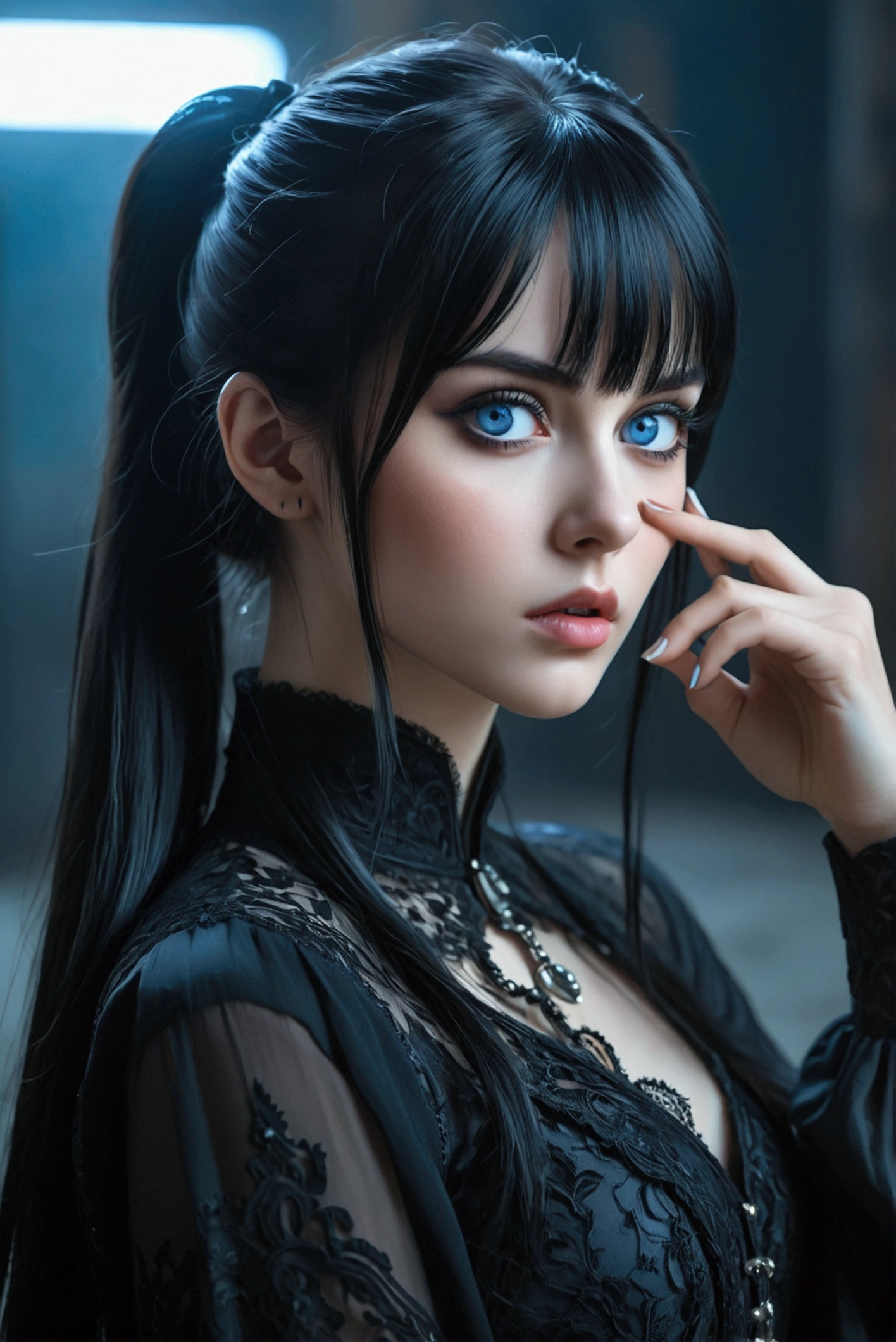 beautiful girl, black hair, bangs and long ponytail, natural blue eyes, strongly outlined gothic style eyes, high detail, pose of the index finger on the cheek, she looks expressively at the camera in a close-up detailing her beautiful face , cinematographic lighting, 8k, masterpiece