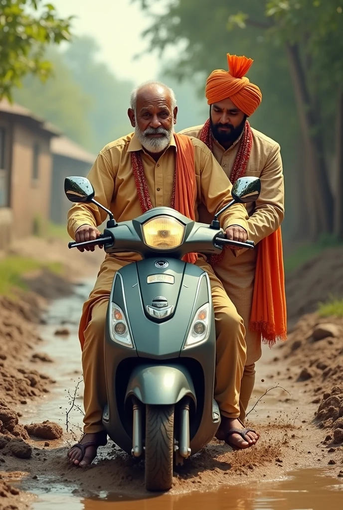 Ek uncle hai jinka scooter kichad mein fas Gaya hai unki help ladka Karta hai piche se vah dhakka de raha hai jismein shaadi ki sherwani pahani hai aur sar per sehra lagaya hai back images