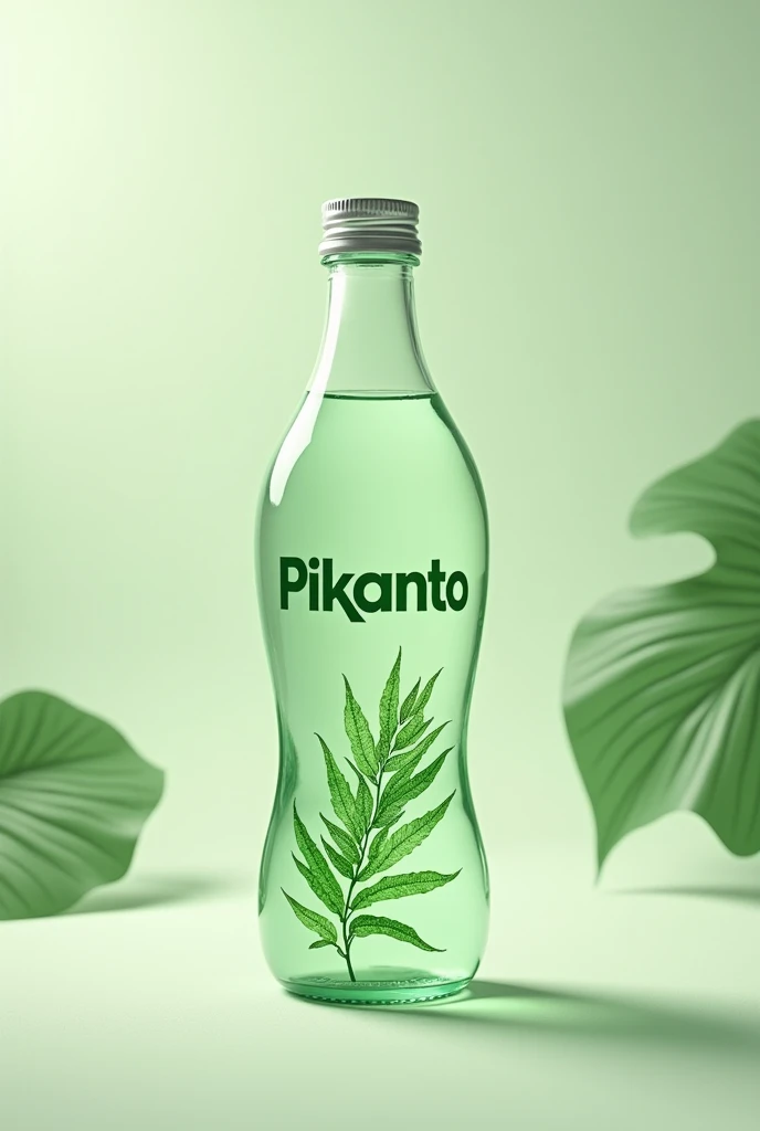 I would like you to make a biodegradable transparent bottle that says the word PIKANTO in green and shows a herb called huacatay on the side.