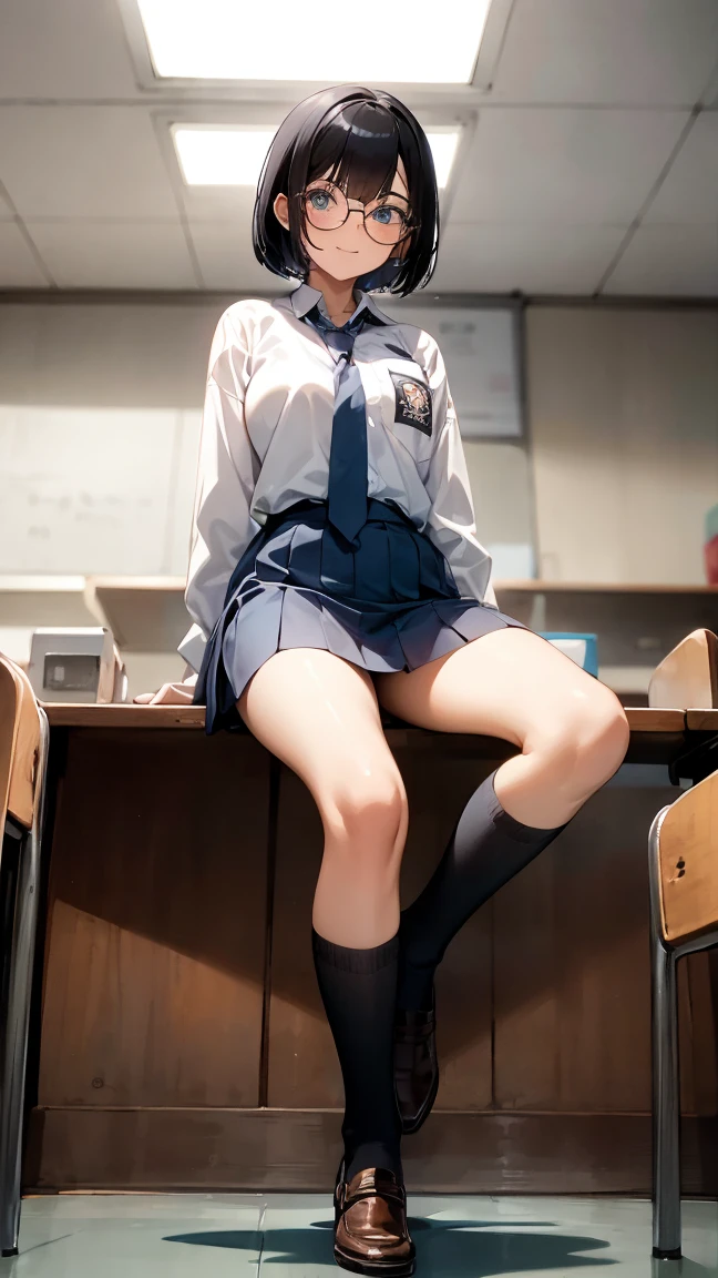 Best quality, 1 woman, portrait, (short bob haircut, black hair), scared face expression, curve body, blue eyes, Indonesian high-school uniform, (wearing transparent white shirt, long sleeves), osis logo on shirt pocket, medium breasts, light-grey long pleated skirt, light-grey tie, seductive pose, full body shot, shy face, smiling, blush, looking_at_viewer, glasses, black-framed eyewear, in the classroom,