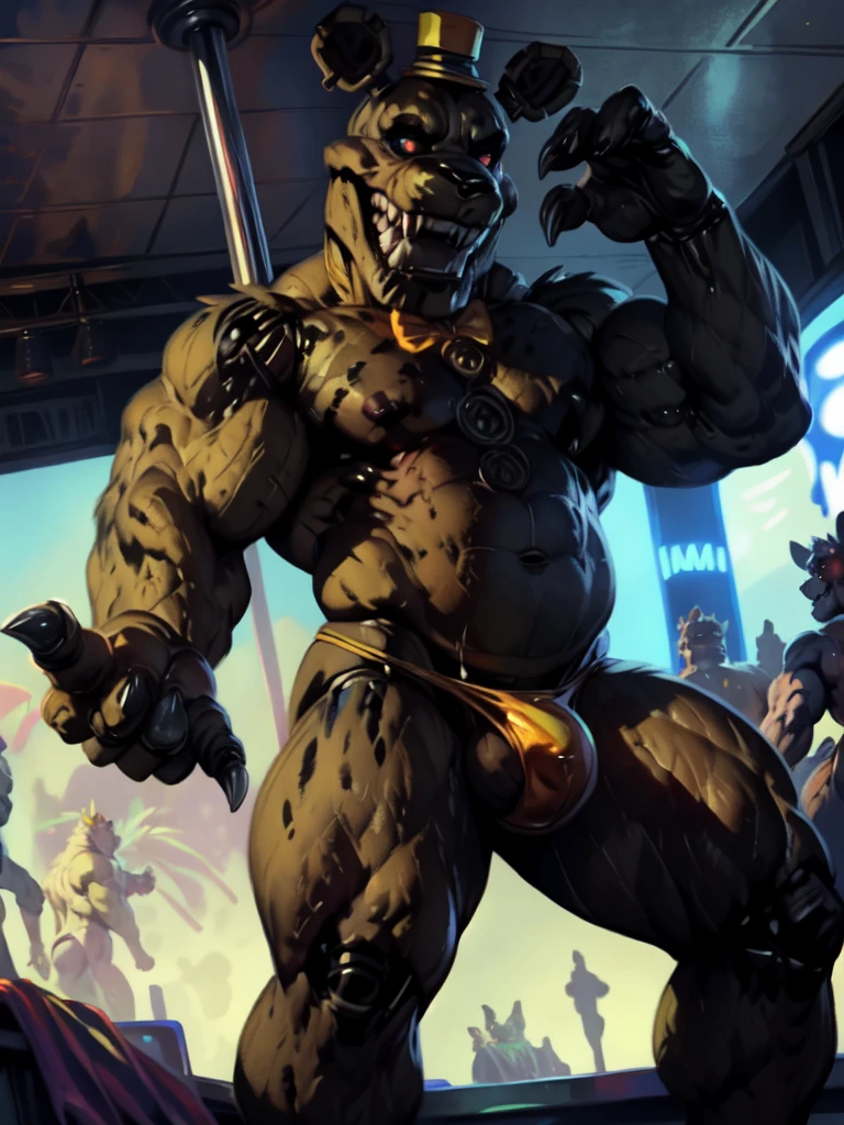 por voidlesky ((by null ghost, por thebigslick, by honovy., for zors)) fountain_furry, classification_explicit, masterpiece, alone, 8k, 4k, beautiful images, masterpiece, super high quality, alone, male, muscular, short, strong, bíceps, smiling, Springtrap, animatronic, whole body, inside, strip club, bright lighting, huge lump, elegant thong, money in thong, suggestive, stripper, stripper pole, strip club stage, mocking spectator, variations result, variations, (woken up:1.6)showing a giant naked ass, big anal hole, uncovered anus, fluids, testicles and penis in view, Bodybuilder Pose , shiny gold thong 