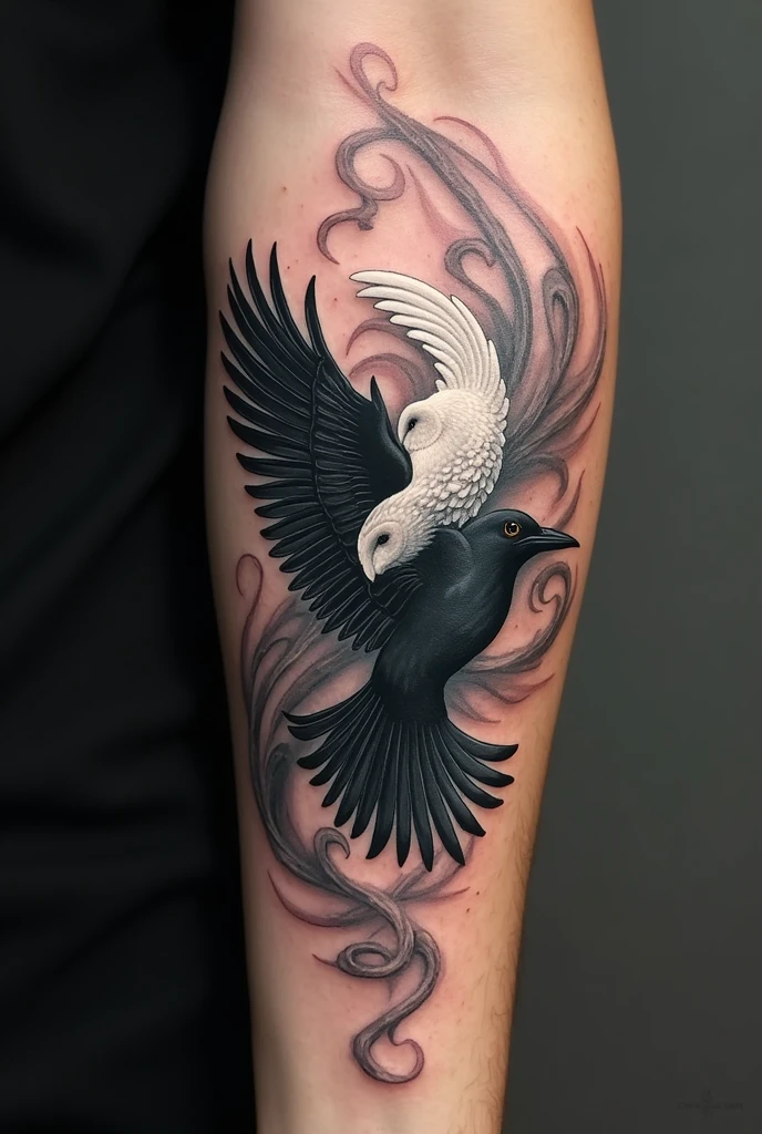 A neck tattoo in gothic blackwork on the right side, of a sick wing that's losing his feathers and showing skin, with feathers that's falling from the wing