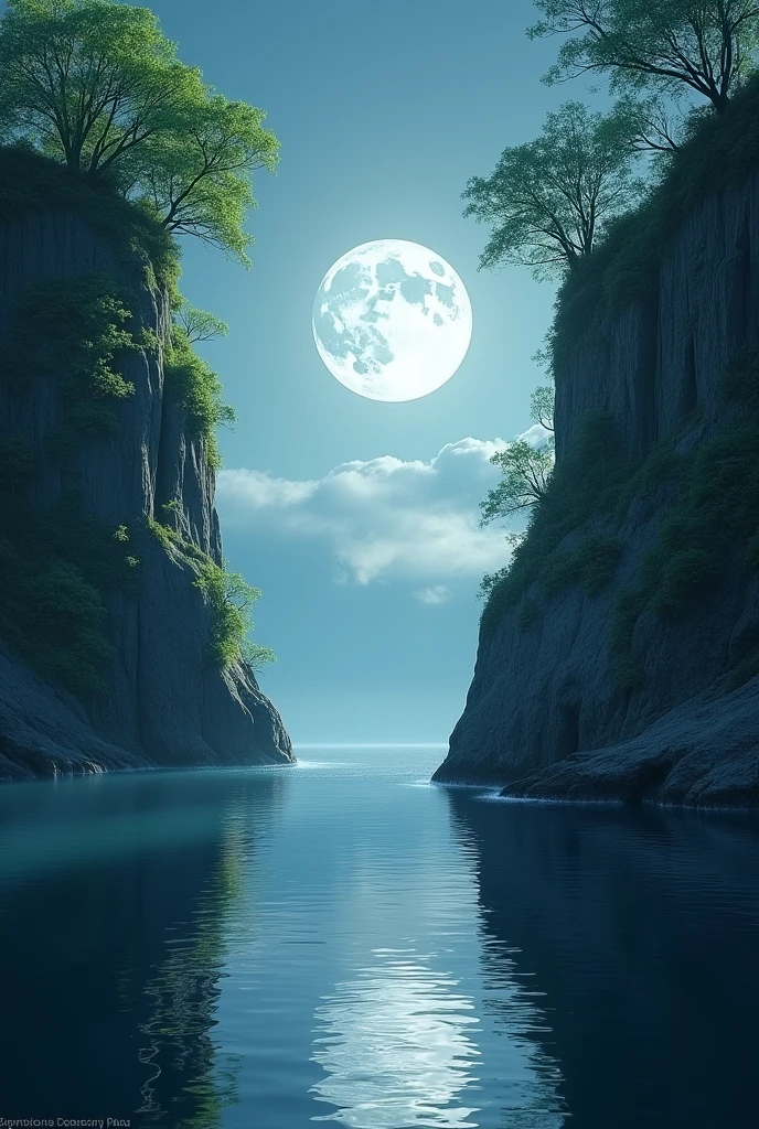 moon in a hole between two mountain full of tree at the middle of the sea
