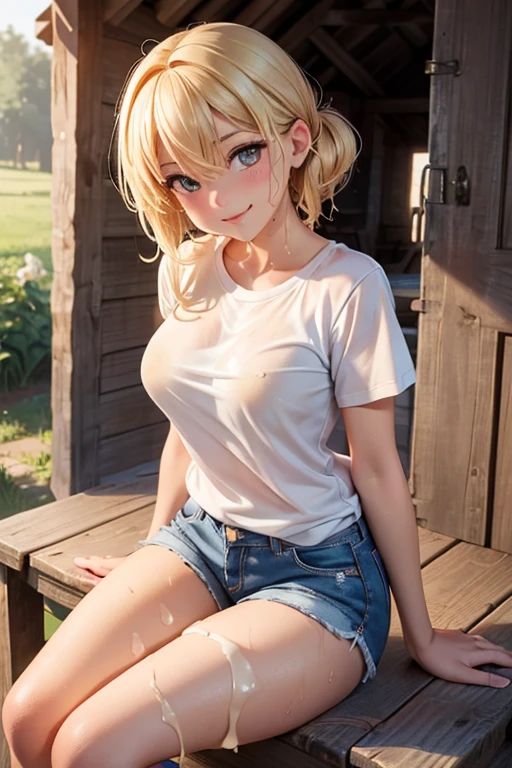 Kizi, , 145 cm tall, appealing, with soft European features, light blonde hair, big-ass, breasts big, wearing short jean shorts, (wearing plaid shirt: 1.2), wearing short boots, (inside an old wooden barn: 1 2), (girl wet with milk: 1.3), (sitting on a small wooden bench: 1,2), gazing at viewer, (with your back to the observer: 1,3), smiling sensually at the viewer.