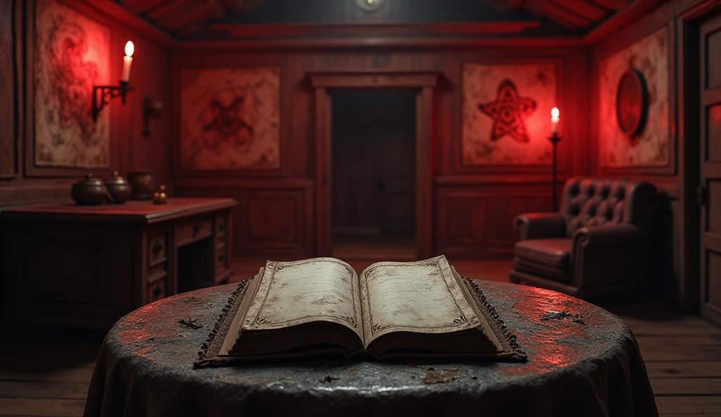 The interior of the cabin with strange symbols drawn on the walls, remains of candles and other ritual items. At the center, an open diary on a dusty old table. Red lighting should give a sinister tone to the environment..
