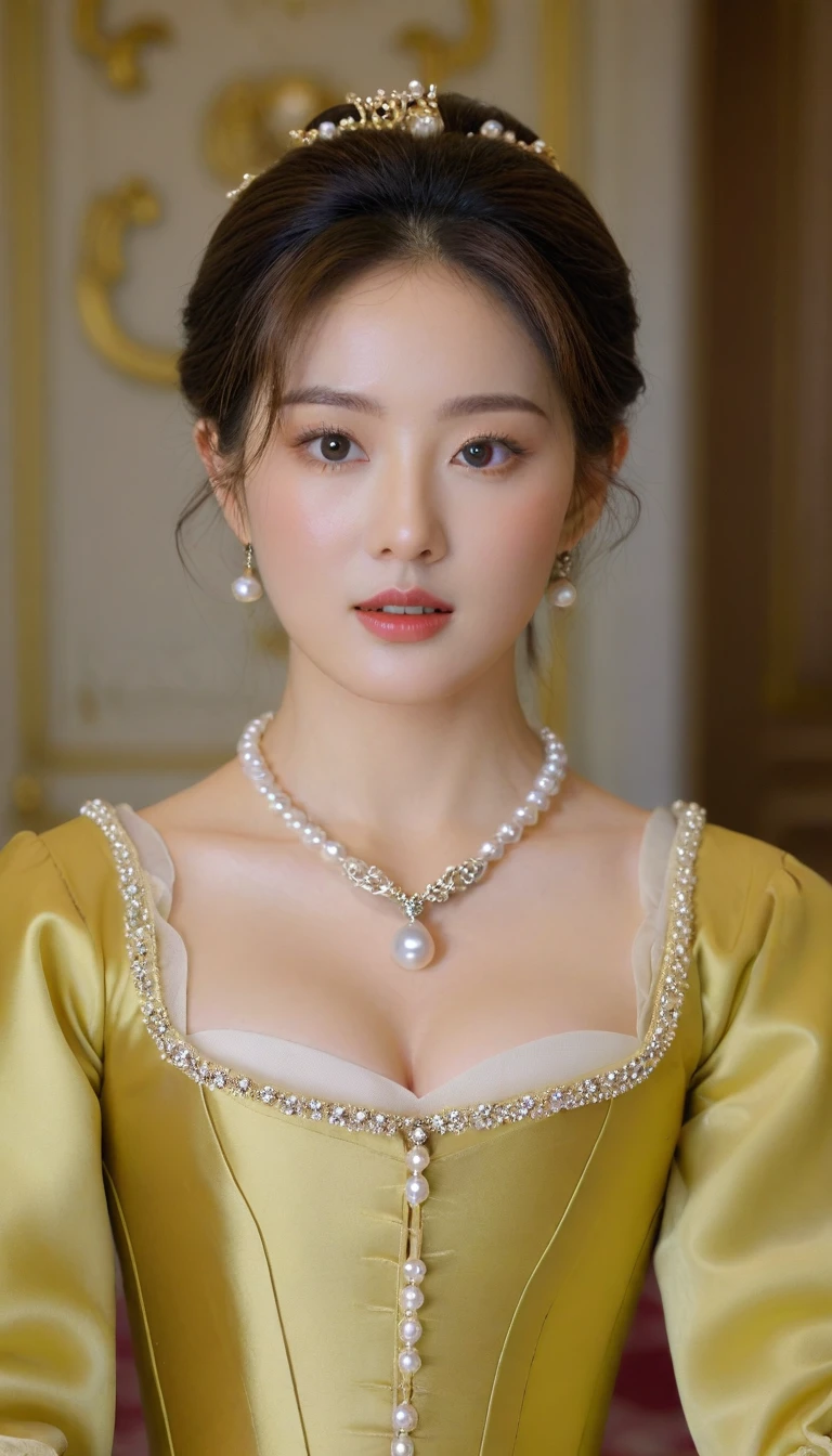 Close-up photo of a beautiful Korean woman, Bust size 34 inches, Dressed in Baroque costume, necklace, standing in the pearl room, UHD