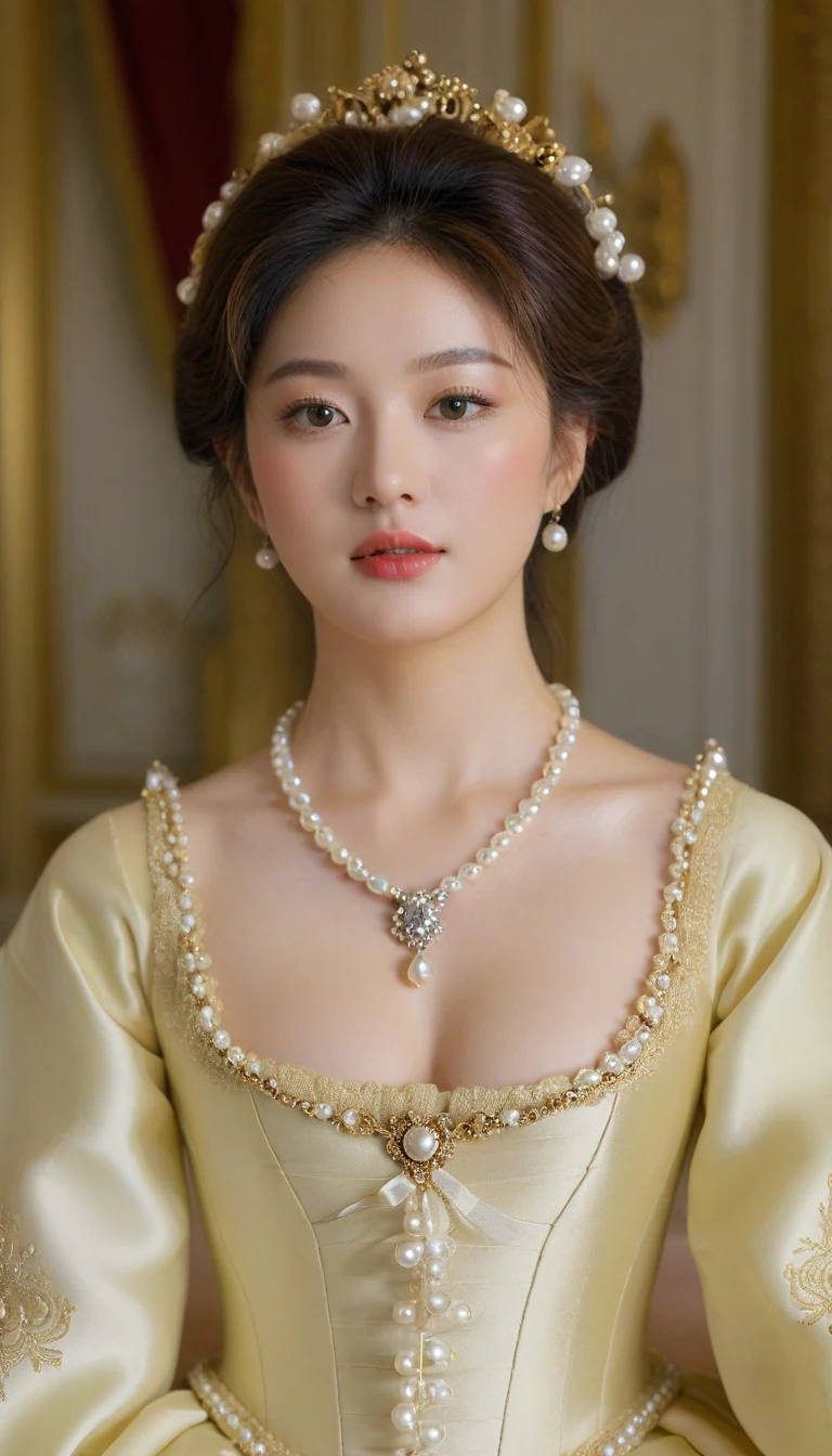 Close-up photo of a beautiful Korean woman, Bust size 34 inches, Dressed in Baroque costume, necklace, standing in the pearl room, UHD