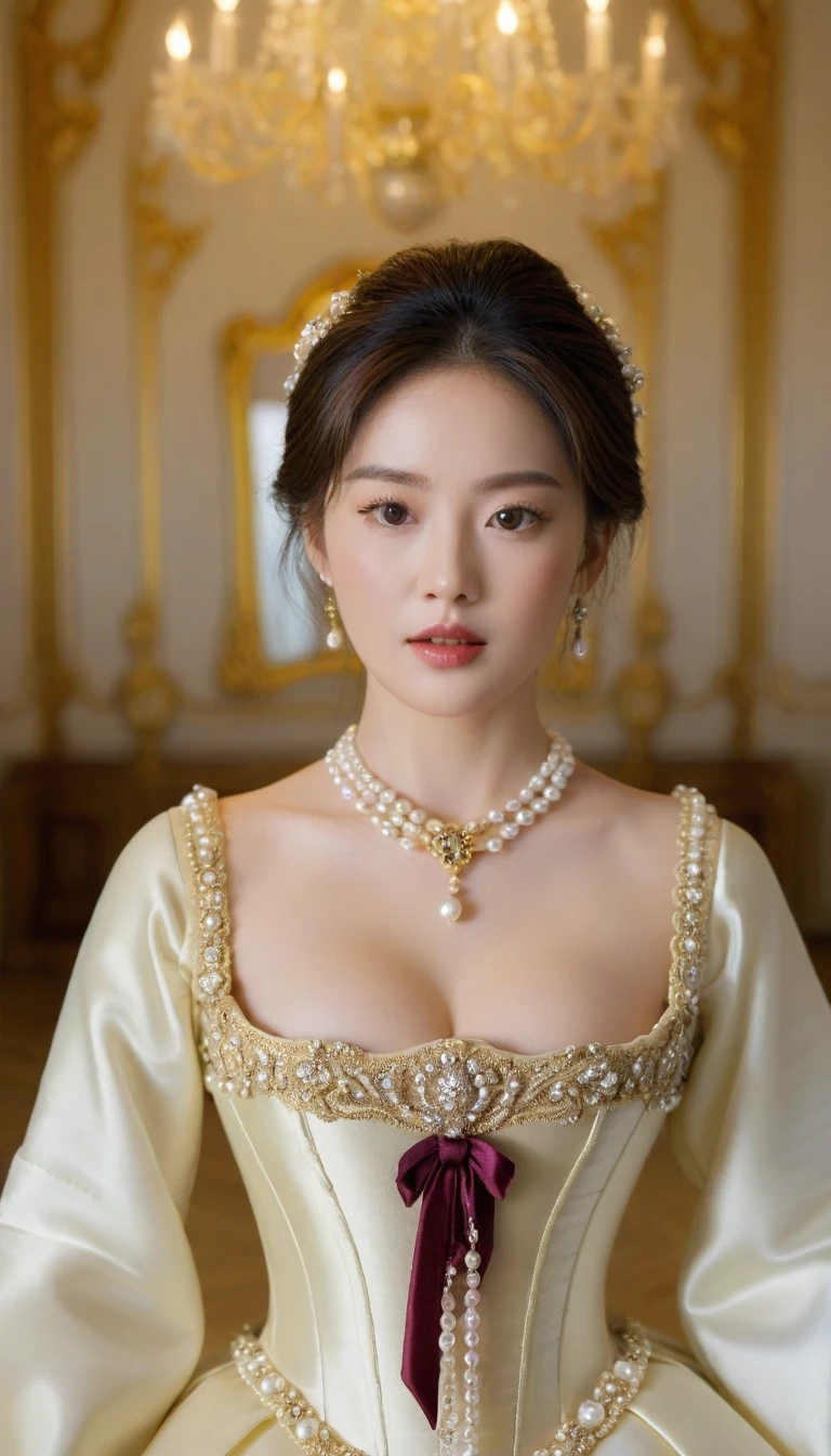 Close-up photo of a beautiful Korean woman, Bust size 34 inches, Dressed in Baroque costume, necklace, standing in the pearl room, UHD